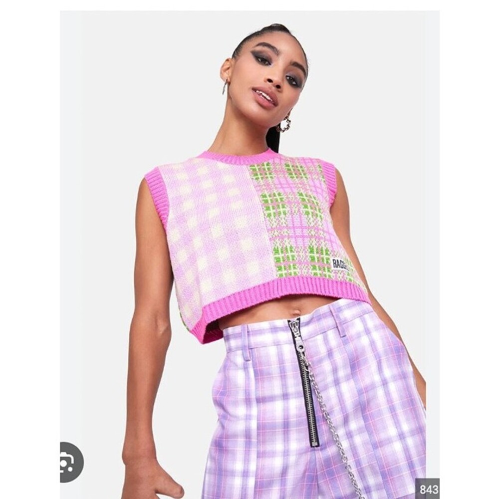 Ragged Jeans Lyric Sweater Vest Womens Medium Pink Patchwork Plaid Knit Cropped